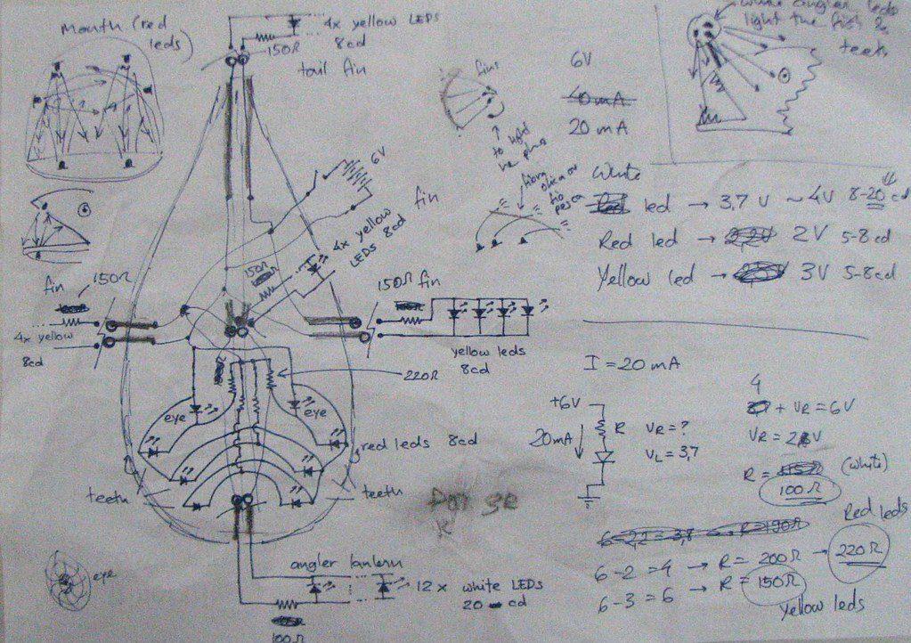 Photo of a hand-drawn led circuit: LED circuit from a crowded notebook page